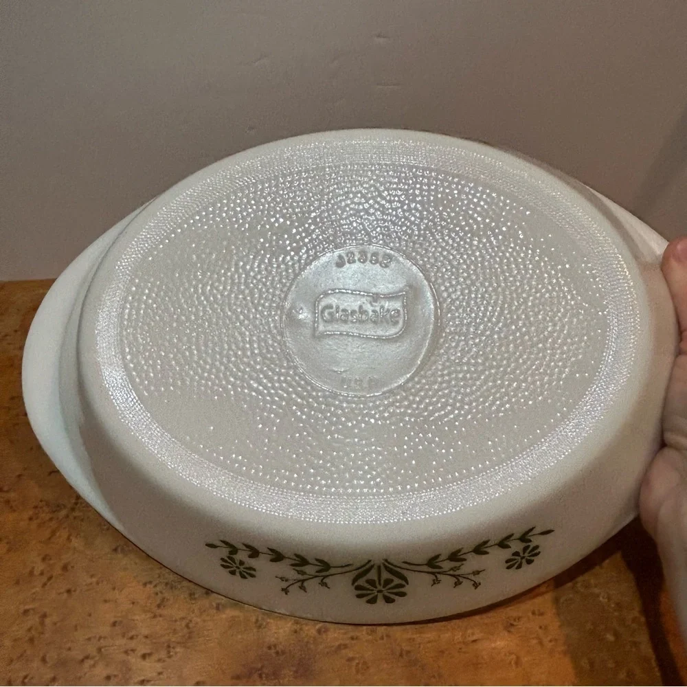 Vintage Glasbake Divided Casserole Dish J-2352 (Green Daisy Milk Glass Oval)